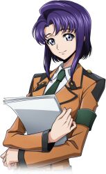 Rule 34 | 1girl, armband, artist request, belt, blue eyes, breasts, cecile croomy, closed mouth, code geass, code geass: lost stories, collared shirt, cropped torso, crossed arms, female focus, game cg, green necktie, happy, holding, holding paper, jacket, long sleeves, looking at viewer, medium breasts, military uniform, necktie, non-web source, official art, orange jacket, paper, purple hair, shirt, short hair, sidelocks, simple background, smile, solo, standing, transparent background, uniform, upper body, white shirt