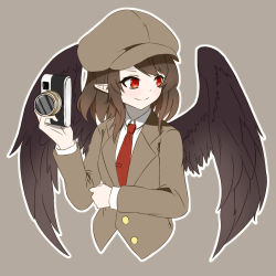 Rule 34 | 2822235299, alternate costume, arm under breasts, beige background, bird wings, black wings, brown hair, brown headwear, brown jacket, cabbie hat, camera, closed mouth, collared shirt, commentary request, feathered wings, flat cap, forbidden scrollery, grey background, happy, hat, highres, holding, holding camera, jacket, long sleeves, looking away, necktie, official alternate costume, pointy ears, red eyes, red necktie, shameimaru aya, shameimaru aya (newsboy), shirt, short hair, smile, suit jacket, tengu, tie clip, touhou, upper body, white shirt, wings