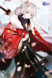 Rule 34 | 1girl, absurdres, alternate costume, animal ears, azur lane, cherry blossoms, commentary, copyright name, cowboy shot, english commentary, floral print, flower, folding fan, fur-trimmed kimono, fur trim, furisode, hair flower, hair ornament, hair stick, hand fan, highres, japanese clothes, kimono, logo, long sleeves, looking at viewer, medium hair, montpelier (azur lane), montpelier (flower of the snowy night) (azur lane), official art, petals, red eyes, silver hair, smile, solo, standing, umbrella, watermark, wide sleeves, yueko (jiayue wu)