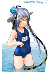 Rule 34 | 1girl, aqua hat, black ribbon, blue one-piece swimsuit, breasts, commentary request, covered navel, garrison cap, grey eyes, grey hair, hair ornament, hair ribbon, hat, kantai collection, long hair, looking at viewer, name connection, old school swimsuit, one-hour drawing challenge, one-piece swimsuit, ray.s, ribbon, scamp (kancolle), school swimsuit, side ponytail, small breasts, soaking feet, solo, star (symbol), star hair ornament, swimsuit, water