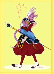 Rule 34 | 2boys, animal ears, armband, artist name, beerus, blue skin, carrying, cat ears, cat tail, colored skin, dragon ball, dragonball z, earrings, closed eyes, from side, jewelry, multiple boys, musical note, neck ring, purple skin, quaver, raku220p, robe, signature, sleeping, staff, tail, text focus, translation request, walking, whis, white hair, wrist cuffs