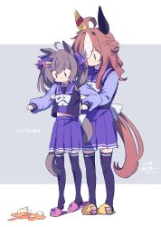 Rule 34 | 2girls, absurdres, ahoge, animal ears, black shirt, black thighhighs, blush, bow, broken glass, brown hair, commentary, copano rickey (umamusume), double bun, glass, grey background, hair bow, hair bun, highres, horse ears, horse girl, horse tail, lifting person, long hair, long sleeves, mizin kosutin, multicolored hair, multiple girls, navel, nose blush, pink bow, pink footwear, pleated skirt, puffy long sleeves, puffy sleeves, purple bow, purple skirt, shirt, skirt, sleeves past wrists, slippers, smart falcon (umamusume), spill, symbol-only commentary, tail, thighhighs, translation request, twintails, two-tone background, two-tone hair, umamusume, white background, white bow, white hair, yellow bow, yellow footwear, | |