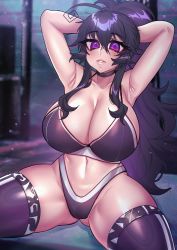 Rule 34 | 1girl, ahoge, aqua background, armpits, arms behind head, bikini, blush, breasts, cleavage, crawling dreams, cropped legs, curvy, exercising, eyebrows, highres, huge breasts, lips, long hair, looking at viewer, name connection, nyarla (osiimi), osiimi, ponytail, purple bikini, purple eyes, purple hair, purple thighhighs, smile, solo, sports bikini, stretching, swimsuit, teeth, thick thighs, thighhighs, thighs