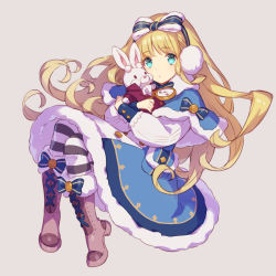 Rule 34 | 1girl, alice (alice in wonderland), alice in wonderland, ame8desu, aqua eyes, blonde hair, blue capelet, blue dress, blue eyes, boots, bow hairband, capelet, commentary, dress, earmuffs, english commentary, flipped hair, full body, fur-trimmed capelet, fur-trimmed dress, fur trim, grey background, hairband, hugging doll, hugging object, long hair, long sleeves, looking at viewer, original, pantyhose, parted lips, simple background, sleeve cuffs, solo, striped clothes, striped pantyhose, stuffed animal, stuffed rabbit, stuffed toy, winter clothes