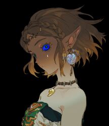 Rule 34 | 1girl, absurdres, bare shoulders, black background, blonde hair, blue eyes, braid, bright pupils, brown choker, choker, circlet, closed mouth, collarbone, colored eyelashes, crown braid, dangle earrings, dress, earrings, green pupils, highres, jewelry, light dragon (zelda), light frown, looking at viewer, marking on cheek, mimulishizi, nintendo, pointy ears, princess zelda, ringed eyes, secret stone, short hair, simple background, solo, sphere earrings, spoilers, strapless, strapless dress, teardrop facial mark, the legend of zelda, the legend of zelda: tears of the kingdom, upper body, white dress