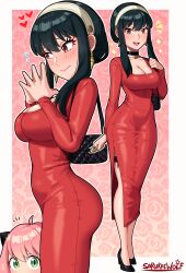 Rule 34 | 2girls, absurdres, anya (spy x family), artist name, ass, black footwear, black hair, blush, border, breasts, child, cleavage, closed mouth, cowboy shot, dongtan dress, dress, flower print, full body, green eyes, headband, high heels, highres, long hair, long sleeves, looking at viewer, mature female, medium breasts, meme attire, multiple girls, open mouth, pink hair, red dress, red eyes, sarukaiwolf, short hair, skin tight, smile, spy x family, standing, upper body, white border, yor briar