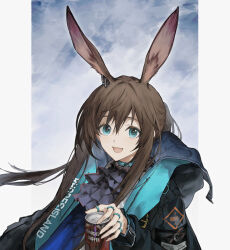 Rule 34 | 1girl, amiya (arknights), animal ear fluff, animal ears, arknights, ascot, black jacket, blue ascot, blue collar, blue eyes, blue sleeves, brown hair, can, coffee, collar, extra ears, frilled ascot, frills, hair between eyes, highres, holding, holding can, hood, hooded jacket, infection monitor (arknights), jacket, jewelry, long hair, long sleeves, looking at viewer, multiple rings, neck ring, open clothes, open jacket, open mouth, purple ascot, rabbit ears, rabbit girl, rhodes island logo (arknights), ring, simple background, smile, solo, thumb ring, user wykd2735