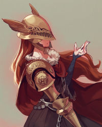 Rule 34 | 1girl, armor, brown background, brown hair, chain, colored skin, covered eyes, cowboy shot, elden ring, feet out of frame, hand up, helmet, helmet over eyes, highres, jiro (ninetysix), long hair, malenia blade of miquella, purple skin, red hair, red robe, robe, shoulder armor, simple background, winged helmet