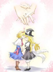 Rule 34 | 2girls, alice margatroid, ascot, bad id, bad pixiv id, blonde hair, bloomers, blush, boots, braid, capelet, couple, closed eyes, hairband, holding hands, hat, heart, kirisame marisa, kiss, long hair, multiple girls, non (z-art), short hair, side braid, touhou, underwear, witch hat, yuri