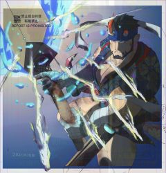 Rule 34 | 1boy, bad id, bad pixiv id, bandaged arm, bandages, bara, beard, black hair, blue fire, blue headband, blue kimono, broken horn, demon boy, demon horns, facial hair, feet out of frame, fighting stance, fire, headband, highres, holding, holding weapon, horns, incoming attack, japanese clothes, kimono, large pectorals, live a hero, looking at viewer, male focus, mature male, muscular, muscular male, nessen (live a hero), pectoral cleavage, pectorals, serious, shinonome kaikou, short hair, solo, thick thighs, thighs, watermark, weapon
