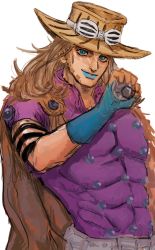 Rule 34 | 1boy, b nosk101, ball, belt, blue eyes, blue gloves, blue lips, blurry, brown cape, brown hair, brown headwear, cape, commentary request, depth of field, eyewear on headwear, facial hair, fingerless gloves, gloves, gyro zeppeli, hand up, hat, highres, holding, holding ball, jojo no kimyou na bouken, long hair, looking at viewer, male focus, nose, purple shirt, shirt, short sleeves, simple background, steel ball (jojo), steel ball run, toned, toned male, upper body, white background