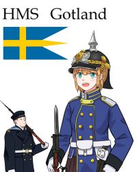 Rule 34 | 1boy, 1girl, :d, aqua eyes, bayonet, belt, belt pouch, blonde hair, blue coat, blue jacket, buttons, coat, coat of arms, collared jacket, commentary request, custodian helmet, gloves, gotland (warship girls r), gun, hat, holding, holding weapon, insignia, jacket, looking at viewer, military, military uniform, open mouth, over shoulder, pouch, rifle, sailor collar, sailor hat, shoulder strap, smile, swedish commentary, swedish flag, swedish uniform, tre kronor, uniform, warship girls r, weapon, weapon over shoulder, white background, white belt, white gloves, whiterose tavern
