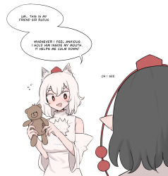 Rule 34 | 2girls, animal ears, bare shoulders, breasts, bright pupils, commentary, detached sleeves, english commentary, english text, hat, highres, inubashiri momiji, large breasts, mata (matasoup), multiple girls, pointy ears, pom pom (clothes), red eyes, red headwear, shameimaru aya, simple background, stuffed animal, stuffed toy, teddy bear, tokin hat, touhou, white background, white pupils, wolf ears
