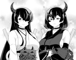 Rule 34 | 2girls, abyssal ship, breasts, choker, commentary request, greyscale, hair between eyes, hair over one eye, horns, kantai collection, large breasts, long hair, looking at viewer, monochrome, multiple girls, night strait princess (black), night strait princess (white), short hair, sideboob, sleeveless, tenshin amaguri (inobeeto), upper body