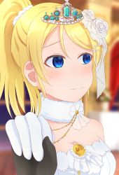 Rule 34 | 1girl, absurdres, artist request, ayase eli, bare shoulders, blonde hair, blue eyes, blush, breasts, cleavage, collarbone, dress, female focus, flower, fur collar, gloves, hair between eyes, hair bobbles, hair flower, hair ornament, highres, holding hands, long hair, looking at viewer, love live!, love live! school idol festival, love live! school idol project, mango trash, medium breasts, parted lips, ponytail, smile, solo, tiara, wedding dress, white dress, white flower, white gloves