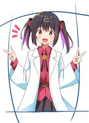 Rule 34 | 1girl, :d, belt, black hair, black skirt, bolo tie, brown eyes, coat, commentary, cowboy shot, dot nose, double v, hair ornament, hair ribbon, hairclip, highres, keito4f, lab coat, light blush, long sleeves, looking at viewer, medium hair, multicolored hair, onii-chan wa oshimai!, open clothes, open coat, open mouth, oyama mihari, pleated skirt, purple hair, red ribbon, red shirt, ribbon, shirt, simple background, skirt, smile, solo, straight-on, twintails, two-tone hair, v, white background, wing collar