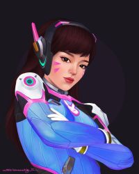 Rule 34 | 1girl, 2017, animal print, artist name, bodysuit, bracer, breasts, brown eyes, brown hair, crossed arms, d.va (overwatch), dated, facepaint, facial mark, gloves, headphones, high collar, highres, lips, lipstick, long hair, looking at viewer, makeup, matching hair/eyes, nose, overwatch, overwatch 1, pilot suit, purple background, rabbit print, realistic, red lips, ribbed bodysuit, ruthie hammerschlag, shoulder pads, signature, simple background, skin tight, small breasts, solo, swept bangs, upper body, whisker markings, white gloves