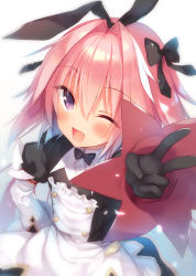 Rule 34 | 1boy, astolfo (fate), astolfo (saber) (third ascension) (fate), black bow, black bowtie, black ribbon, blush, bow, bowtie, buttons, dress, fang, fate/grand order, fate (series), hair between eyes, hair bow, hair intakes, hair ribbon, long hair, long sleeves, looking at viewer, male focus, multicolored hair, one eye closed, open mouth, pink hair, purple eyes, ribbon, sazaki ichiri, simple background, smile, solo, streaked hair, trap, twintails, v, white background, white hair