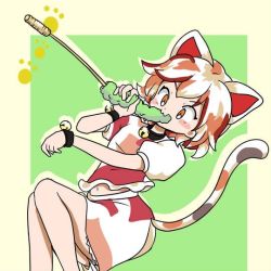 Rule 34 | 1girl, animal ears, bell, calico, cat day, cat ears, cat girl, cat tail, cat teaser, commentary request, crop top, goutokuji mike, in mouth, jingle bell, maneki-neko, medium skirt, midriff, multicolored clothes, multicolored hair, multicolored shirt, multicolored skirt, multicolored tail, navel, neck bell, one-hour drawing challenge, orange eyes, patch, patchwork clothes, short hair, skirt, streaked hair, tail, touhou, watarohata, white hair