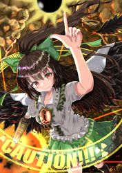 Rule 34 | 1girl, arm cannon, bird wings, black hair, black socks, black wings, blouse, bow, breasts, cape, closed mouth, frilled skirt, frills, gradient eyes, green bow, green skirt, hair bow, highres, kneehighs, large breasts, light particles, lobstrater64, long hair, looking at viewer, multicolored eyes, orange eyes, pointing, pointing up, red eyes, reiuji utsuho, shirt, short sleeves, sign, skirt, smile, socks, solo, third eye, touhou, triangle print, warning sign, weapon, white cape, white shirt, wings, yellow eyes
