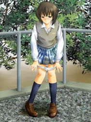 Rule 34 | 1girl, blue skirt, blue socks, blush, bow, bow panties, brown eyes, brown footwear, brown hair, character request, copyright request, loafers, logo, long sleeves, looking at viewer, nikkeru suiso, outdoors, panties, panty pull, pee, pee stain, peeing, peeing self, plaid, plaid skirt, print clothes, print skirt, puddle, pulling own clothes, railing, school uniform, shirt, shoes, skirt, socks, solo, stain, stained clothes, stained skirt, sweater vest, thighs, underwear, underwear pull, undressing, water drop, wet, wet clothes, wet footwear, wet panties, wet skirt, wet socks, wet underwear, white bow, white panties, white shirt