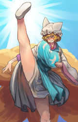 Rule 34 | 1girl, animal hat, blonde hair, blue background, blush, bouncing breasts, breasts, chanta (ayatakaoisii), clenched teeth, covered erect nipples, dress, fighting stance, fox tail, hat, highres, huge breasts, incoming attack, leg up, legs, long sleeves, looking down, mob cap, multiple tails, mob cap, serious, short hair, solo, sweatdrop, tabard, tail, teeth, thighs, touhou, white dress, wide sleeves, yakumo ran, yellow eyes