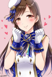 Rule 34 | 1girl, bare shoulders, blue bow, blue bowtie, blue ribbon, blush, bow, bowtie, breasts, brown eyes, brown hair, clenched hands, closed mouth, dot nose, gen (enji), gold trim, gold trim bow, hands up, hat, hat ornament, hat ribbon, heart, idolmaster, idolmaster cinderella girls, idolmaster cinderella girls starlight stage, long hair, looking at viewer, medium breasts, nitta minami, pink background, ribbon, shirt, simple background, sleeveless, sleeveless shirt, smile, solo, star (symbol), star hat ornament, twitter username, two-tone gloves, upper body, white hat, white shirt