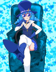 Rule 34 | 1girl, :q, blue-tinted eyewear, blue-tinted glasses, blue background, blue cat (precure), blue footwear, blue gloves, blue hair, blue hat, blue neckwear, blue skirt, blue theme, blue vest, boots, braid, cat tail, choker, crossed legs, gloves, hat, highres, knee boots, looking at viewer, nann tou, popped collar, precure, short hair, sitting, skirt, solo, star (symbol), star twinkle precure, starry background, sunglasses, tail, thighhighs, thighhighs under boots, tinted eyewear, tongue, tongue out, top hat, twin braids, vest, white thighhighs