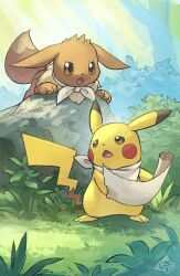 Rule 34 | bandana, commentary, creatures (company), day, eevee, forest, game freak, gen 1 pokemon, grass, hakkentai pokedan, highres, holding, holding map, looking at another, map, nature, nintendo, no humans, open mouth, outdoors, pikachu, pokemon, pokemon (creature), rock, signature, tree