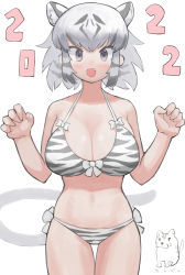 Rule 34 | 1girl, 2022, :d, absurdres, animal ears, bad id, bad pixiv id, bare arms, bare shoulders, bikini, black hair, blush, breasts, chinese zodiac, claw pose, cleavage, cowboy shot, extra ears, fang, front-tie bikini top, front-tie top, grey eyes, highres, huge breasts, kemono friends, military, military vehicle, motor vehicle, multicolored hair, navel, open mouth, print bikini, short hair, side-tie bikini bottom, simple background, smile, solo, straight-on, swimsuit, tail, tank, thigh gap, tiger ears, tiger girl, tiger i, two-tone hair, white background, white hair, white tiger (kemono friends), year of the tiger, zuchi00