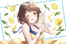 Rule 34 | 1girl, ;d, anoa, bare shoulders, blush, breasts, brown eyes, brown hair, checkered clothes, checkered dress, cleavage, collarbone, commentary request, cup, dress, drinking glass, drinking straw, food, fruit, hair ribbon, hands up, holding, holding cup, ice, ice cube, idolmaster, idolmaster cinderella girls, lemon, lemon slice, medium breasts, nagatomi hasumi, one eye closed, open mouth, ribbon, sleeveless, sleeveless dress, smile, solo, white background, wrist cuffs