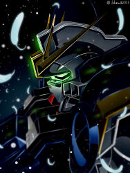 Rule 34 | absurdres, black background, commentary request, falling feathers, feathers, from side, glowing, glowing eyes, green eyes, gundam, gundam wing, gundam wing endless waltz, highres, looking ahead, mecha, mobile suit, no humans, portrait, profile, robot, science fiction, shimashun, snowing, solo, twitter username, v-fin, wing gundam zero custom