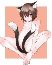 Rule 34 | 1girl, :3, animal ears, brown eyes, brown hair, cat ears, cat tail, chen, convenient censoring, earrings, flat chest, jewelry, looking away, moguri m, multiple tails, nipples, nude, simple background, solo, spread legs, tail, tail censor, touhou
