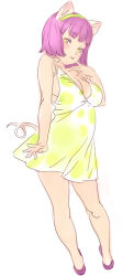 Rule 34 | 1girl, animal ears, blush, breasts, dress, full body, green eyes, hairband, large breasts, looking at viewer, nishieda, no bra, pig ears, pig girl, pig tail, plump, purple hair, short dress, short hair, simple background, solo, tail, white background