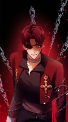 Rule 34 | 1boy, angry, black background, black shirt, highres, jacket, long hair, looking at viewer, male focus, open clothes, open jacket, open mouth, patch, perion sob vasilios, red eyes, red hair, red jacket, shirt, solo, your throne