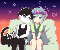 Rule 34 | 2boys, bare shoulders, basil (headspace) (omori), basil (omori), black eyes, black hair, black shirt, blue eyes, blush, cat, commentary request, couch, dokuta, expressionless, flower, hair between eyes, hair flower, hair ornament, head wreath, highres, holding, looking at another, male focus, mewo, multiple boys, omori, overalls, pale skin, shirt, short hair, shorts, simple background, sitting, smile, sunny (omori), trap, yaoi