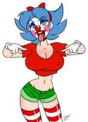 Rule 34 | 1girl, aeolus, aqua eyes, aqua hair, blue hair, breasts, clown, clown girl, denim, female focus, giggles (aeolus06), gloves, hair ribbon, high heels, index finger raised, large breasts, looking at viewer, makeup, midriff, navel, red shirt, ribbon, seductive smile, shirt, short hair, short shorts, shorts, smile, solo, striped clothes, striped thighhighs, thighhighs, tongue, tongue out, white gloves, wide hips
