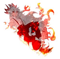 Rule 34 | 1girl, bow, closed mouth, collared shirt, fire, fujiwara no mokou, full body, hair between eyes, hair bow, hands in pockets, itomugi-kun, long hair, pants, red eyes, red footwear, red pants, shirt, shoes, short sleeves, simple background, smile, solo, touhou, white background, white bow, white hair, white shirt