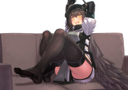 Rule 34 | 1girl, ahoge, arknights, ass, beret, bird girl, black gloves, black hat, black thighhighs, blush, brown hair, cloak, commentary request, couch, crossed ankles, feather cape, feather hair, feet, garter straps, gloves, grey shirt, hair between eyes, hat, highres, infection monitor (arknights), looking at viewer, no shoes, on couch, open mouth, plume (arknights), shirt, sitting, solo, thighhighs, thighs, twitter username, wavy mouth, yamauchi (conan-comy), yellow eyes