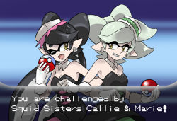 Rule 34 | 2girls, :d, ;), black hair, breasts, callie (splatoon), cleavage, creatures (company), detached collar, earrings, english text, fang, fangs, food, food on head, game freak, gloves, gomipomi, grin, inkling, inkling player character, jewelry, locked arms, marie (splatoon), multiple girls, nintendo, object on head, one eye closed, open mouth, parody, pointy ears, poke ball, poke ball (basic), pokemon, smile, splatoon (series), splatoon 1, style parody, tentacle hair, unitard, white gloves, white hair