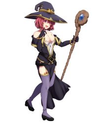 Rule 34 | 1girl, :d, absurdres, bare shoulders, black footwear, black gloves, black hat, black jacket, black skirt, bracelet, breasts, cleavage, collarbone, cosplay, cow girl (goblin slayer!), elbow gloves, full body, garter straps, gloves, goblin slayer!, hat, highres, holding, holding staff, jacket, jewelry, kankitukou, large breasts, long skirt, looking at viewer, medium hair, off-shoulder jacket, off shoulder, open clothes, open jacket, open mouth, purple thighhighs, red eyes, red hair, side slit, simple background, skirt, smile, solo, staff, thighhighs, white background, witch (goblin slayer!), witch (goblin slayer!) (cosplay), witch hat