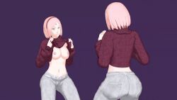 Rule 34 | 1girl, 3d, animated, animated gif, ass, boruto: naruto next generations, bouncing breasts, breasts, breasts out, breasts squeezed together, clothes lift, green eyes, grey pants, hairband, haruno sakura, large breasts, looking down, mcjuniorgohan, naruto (series), nipples, pants, pink hair, simple background, solo, sweater, sweater lift