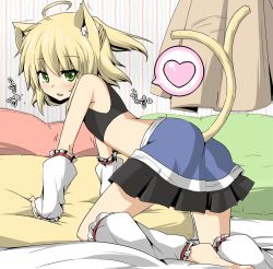 Rule 34 | 1girl, all fours, animal ears, arm warmers, ass, barefoot, bed, blonde hair, cat ears, cat girl, cat tail, female focus, flat chest, green eyes, heart, kemonomimi mode, leg warmers, mizuhashi parsee, open mouth, short hair, skirt, solo, sports bra, suna (sunaipu), sunaipu, tail, touhou, translation request