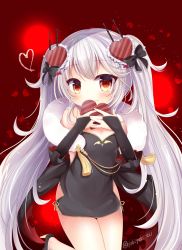 Rule 34 | 1girl, azur lane, bare shoulders, black bow, black dress, black footwear, blue bow, blush, bow, box, breasts, bridal gauntlets, brown eyes, china dress, chinese clothes, closed mouth, commentary request, dress, fang, fang out, gift, gift box, hair bow, hair ornament, heart, heart-shaped box, heart hair ornament, high heels, holding, holding gift, long hair, looking at viewer, petals, red background, red bow, short dress, silver hair, sleeveless, sleeveless dress, small breasts, smile, solo, twintails, vampire (azur lane), vampire (the breath of spring) (azur lane), very long hair, yukiyuki 441