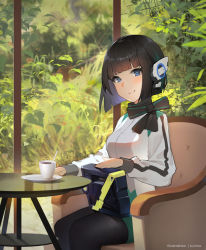 Rule 34 | 1girl, black hair, black thighhighs, blue eyes, box, breasts, chair, coat, coffee, cup, earphones, eyebrows hidden by hair, highres, holding, holding box, is (kamen rider 01), kamen rider, kamen rider 01 (series), kamen rider zero-one, kuhnowushi, looking at viewer, plant, plate, ribbon, short hair, sitting, smile, solo, table, teacup, thighhighs, white coat, window