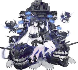 Rule 34 | 2girls, abyssal ship, black hair, blue flower, blue spider lily, character request, claws, dark persona, demon girl, detached sleeves, flower, glowing, japanese clothes, kantai collection, mechanical arms, multiple girls, night strait hime, night strait princess (black), night strait princess (white), nontraditional miko, official art, okobo, sandals, single mechanical arm, spider lily, transparent background