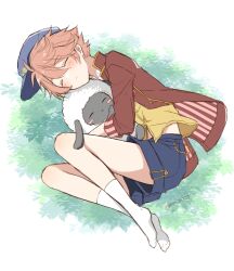 Rule 34 | 1boy, animal, blue hat, blue shorts, blush, brown jacket, cecil (rune factory), closed eyes, closed mouth, commentary request, full body, hair between eyes, hat, holding, holding animal, hug, jacket, lying, male focus, mini mamu, on side, open clothes, open jacket, orange hair, peaked cap, rune factory, rune factory 5, sheep, shirt, short hair, shorts, sleeping, socks, solo, white socks, yellow shirt