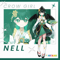 Rule 34 | 1girl, :3, aica 61, black footwear, black hat, character name, choker, commentary, detached sleeves, dress, english commentary, english text, fang, flower, full body, green dress, green eyes, green hair, grid, hair between eyes, hair flower, hair ornament, hand fan, hat, holding, holding fan, japanese clothes, kimono, logo, nell (nexas), nexas (vtuber agency), official art, red choker, sandals, standing, tabi, virtual youtuber, wide sleeves