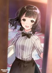Rule 34 | 1girl, black bow, black bowtie, black hair, bow, bowtie, brown eyes, hanekoto, indoors, medium hair, open mouth, original, shirt, signature, sleeves pushed up, solo, striped clothes, striped shirt, teeth, upper teeth only