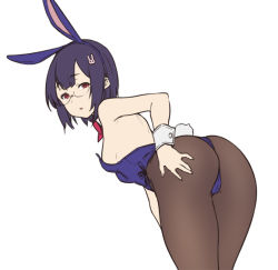 Rule 34 | 1girl, animal ears, ass, bare shoulders, bent over, black pantyhose, blue hairband, breasts, rabbit hair ornament, fake animal ears, from behind, glasses, hair ornament, hairband, hairclip, hand on own ass, houtengeki, leotard, looking at viewer, looking back, original, pantyhose, parted lips, playboy bunny, rabbit ears, rabbit tail, red eyes, short hair, simple background, small breasts, solo, tail, white background, wrist cuffs